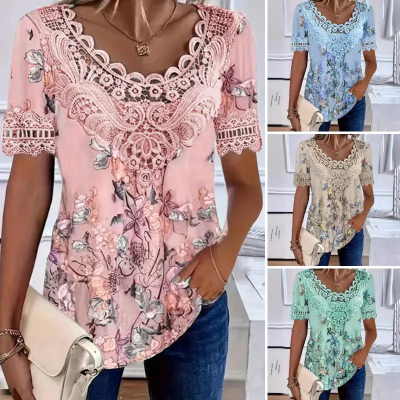 💥【Descuento por nuevo producto -50%】💐 Blusa con encaje estampado y escote en V para mujer