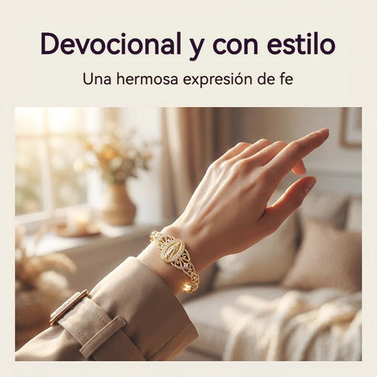 Pulsera de la Virgen María con flores caladas en oro