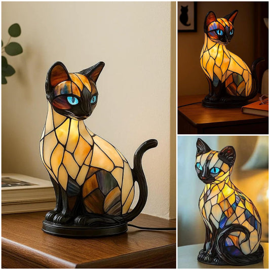 🐱Lámpara de mesa con forma de gato, lámpara de noche retro fabricada en resina de colores, con temática de gatos_4220395