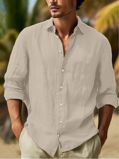 🌿【50% de descuento 🔥】Camisa de lino de manga larga para hombre, tallas grandes, diseño de color liso