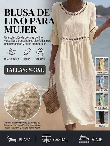 【Producto nuevo, 50% solo hoy!!】💎2026 Alta calidad💎【S-3XL】Vestido de mujer de algodón y lino, con mangas abullonadas, transpirable, suave y cómodo