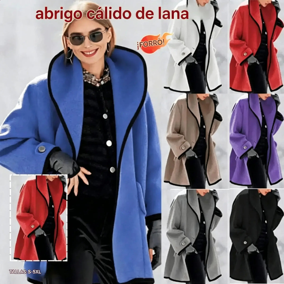 ⭐🤗Abrigo de lana liso con capucha para mujer: cuello grande, corte holgado, ribete en contraste