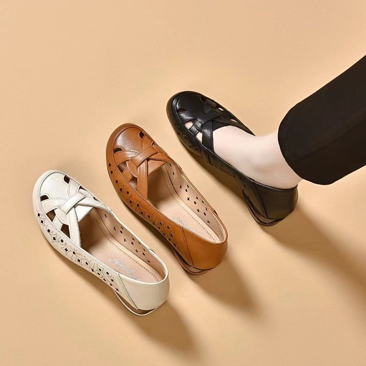 【35-40】2026 Nuevas sandalias de tacón bajo de piel auténtica con punta redonda para mujer_4235346