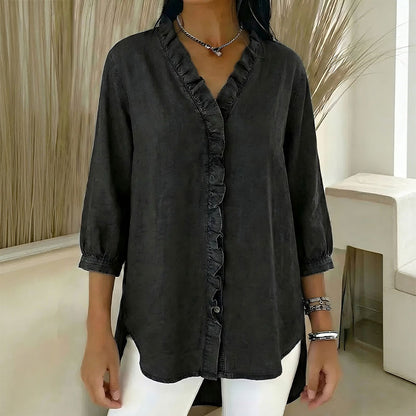 🔥 Pago contra reembolso ✅️【40-100kg】Camisa vaquera informal para mujer con cuello en V y volantes_4268762