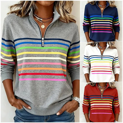 🔥✨【S-5XL】😀👉Sudadera elegante con cuello, rayas arcoíris y cremallera