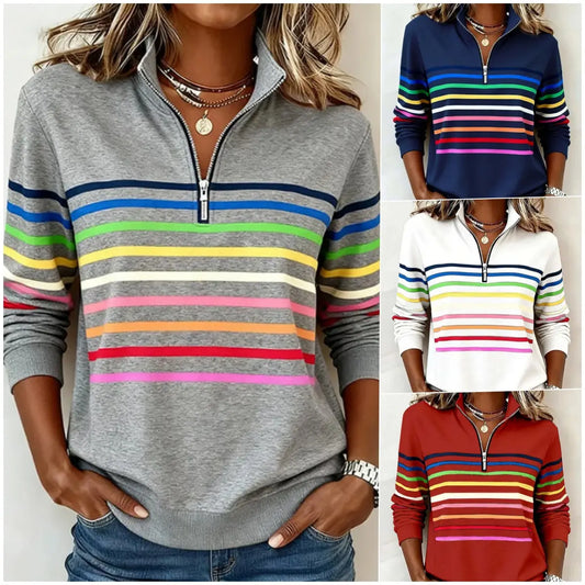 🔥✨【S-5XL】😀👉Sudadera elegante con cuello, rayas arcoíris y cremallera