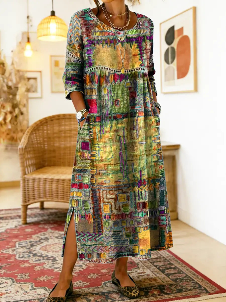 💟【S-5XL】Vestido de algodón para mujer con estampado étnico y patchwork, con ribete de encaje.✅️Pago contra entrega