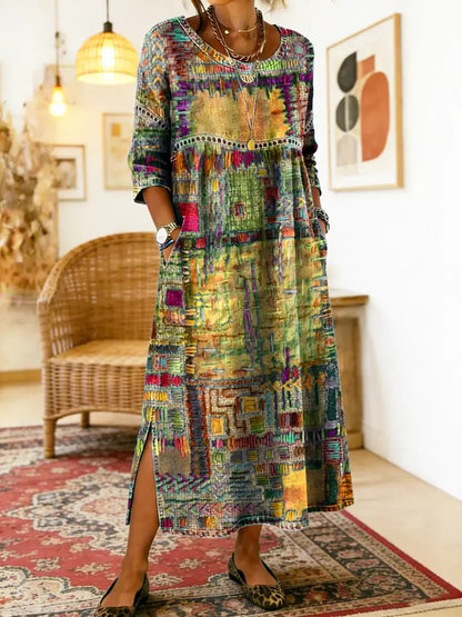 💟【S-5XL】Vestido de algodón para mujer con estampado étnico y patchwork, con ribete de encaje.✅️Pago contra entrega