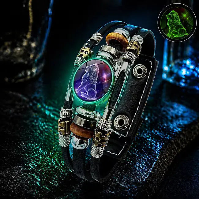 🌙 Svetleča usnjena zapestnica z zodiakalnim simbolom – 3-plastna pletenica, nastavljiva dolžina, unisex 💫✨