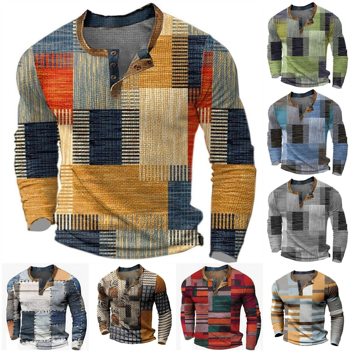 🌴🌈【S-4XL】👔😍 Nueva colección de camisas para hombre con estampado, de manga larga, estilo relajado Henry, disponibles en varios colores.