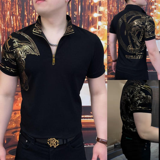 🔥【Výhodný výprodej】Pánské stylové polo tričko s klopou a zipem - klasická černá s nádhernou výšivkou