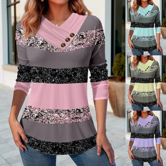 【Kupte 1 a získejte 1 zdarma】✨【S-5XL】Dámské nové podzim-zima kontrastní barva V-neck dlouhý rukáv topy Starry Sky prvky + klasické pruhy_3826374