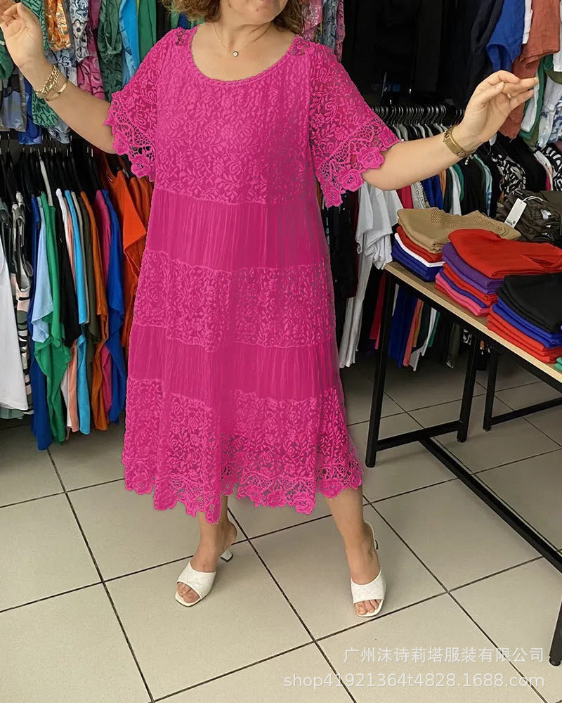 🔥【50% DE DESCUENTO】✨✨✨【S-5XL】Nuevo vestido de manga corta para 2026, con cuello redondo y encaje.
