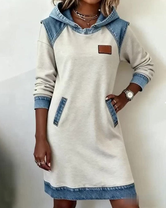 🔥【50% de descuento✨】🌷🌞 Nuevo vestido vaquero con capucha y patchwork, ideal para el invierno