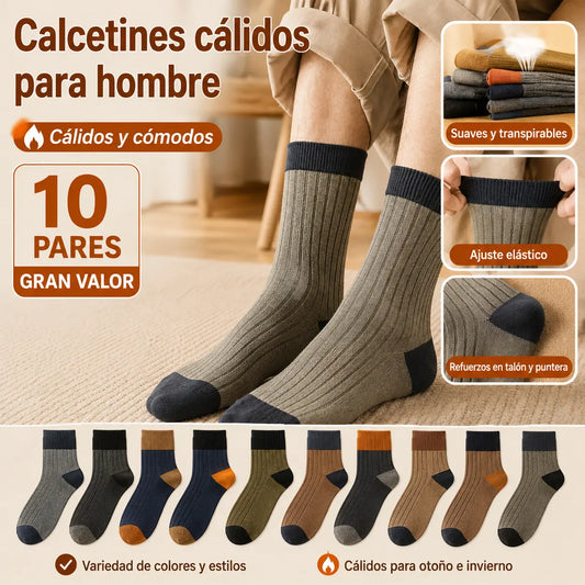 【10 pares】【38-47】Nuevos calcetines cálidos de punto con bloques de color retro para hombre
