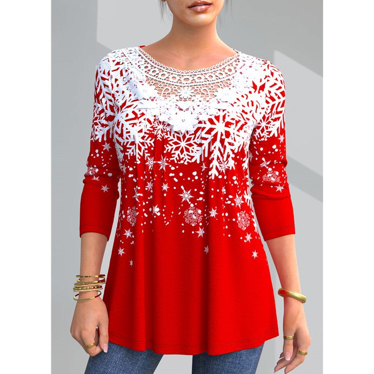 🎄【Specjalna cena】Koszulka z długim rękawem i koronką z nadrukiem świątecznym