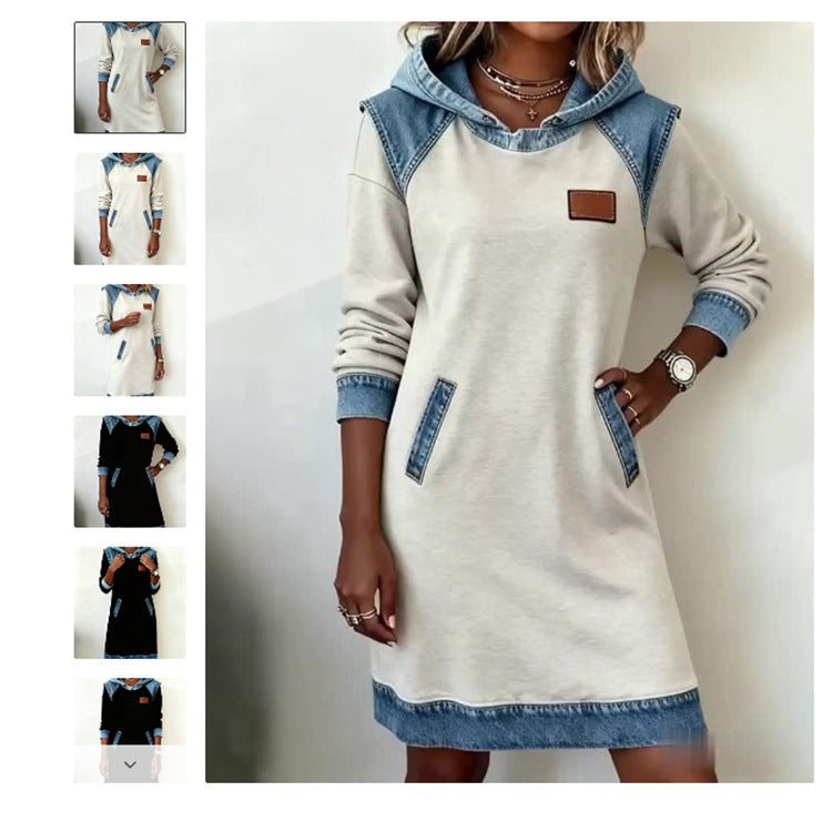 🌷✨👗Őszi-téli újdonság 50% kedvezménnyel🌞❄️ Új patchwork kapucnis farmer ruha ❄️ – bő, kényelmes és könnyen kombinálható-U