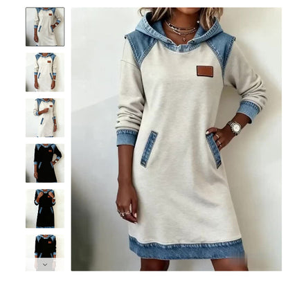 🌷✨👗Őszi-téli újdonság 50% kedvezménnyel🌞❄️ Új patchwork kapucnis farmer ruha ❄️ – bő, kényelmes és könnyen kombinálható-U