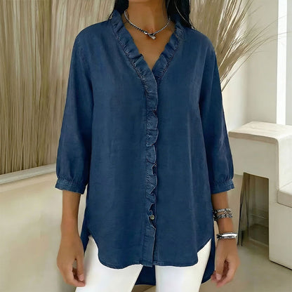 🔥 Pago contra reembolso ✅️【40-100kg】Camisa vaquera informal para mujer con cuello en V y volantes_4268762