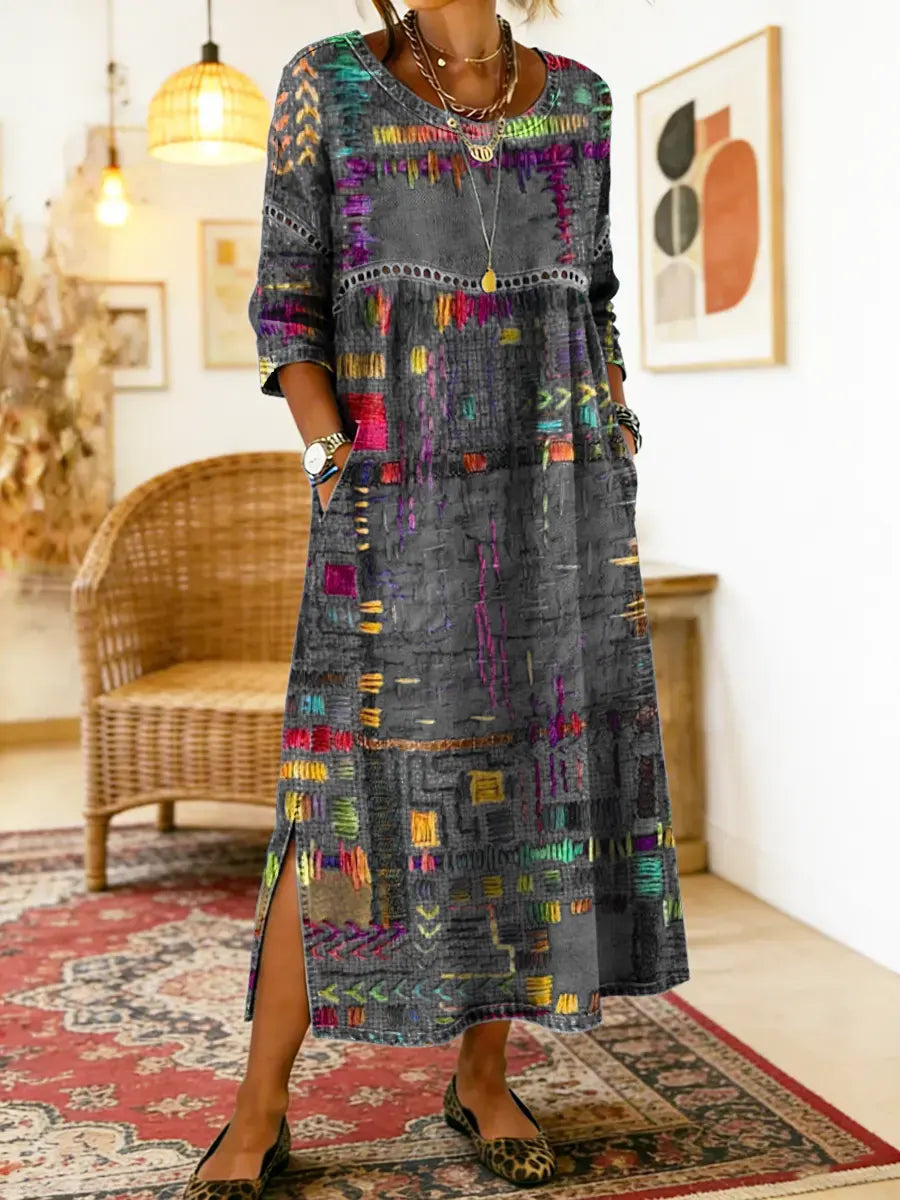 💟【S-5XL】Vestido de algodón para mujer con estampado étnico y patchwork, con ribete de encaje.✅️Pago contra entrega