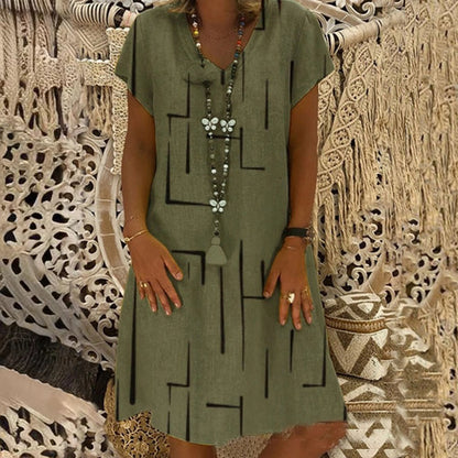 【45% OFF】👗【S-5XL】Potištěné bavlněné šaty s výstřihem do V