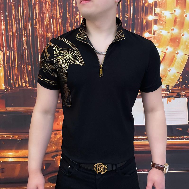 🔥【Výhodný výprodej】Pánské stylové polo tričko s klopou a zipem - klasická černá s nádhernou výšivkou