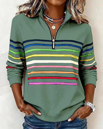 🔥✨【S-5XL】😀👉Sudadera elegante con cuello, rayas arcoíris y cremallera