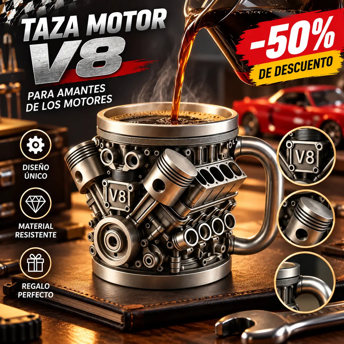 🎁☕  Taza de café de acero inoxidable Creative Engine V6V8, diseño mecánico