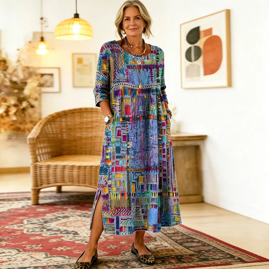 💟【S-5XL】Vestido de algodón para mujer con estampado étnico y patchwork, con ribete de encaje.✅️Pago contra entrega