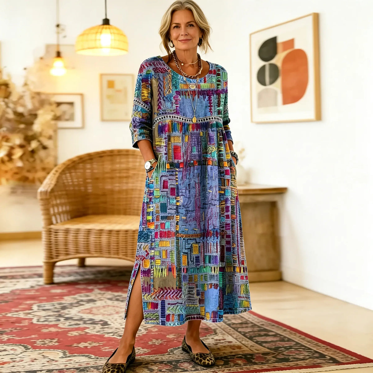 💟【S-5XL】Vestido de algodón para mujer con estampado étnico y patchwork, con ribete de encaje.✅️Pago contra entrega