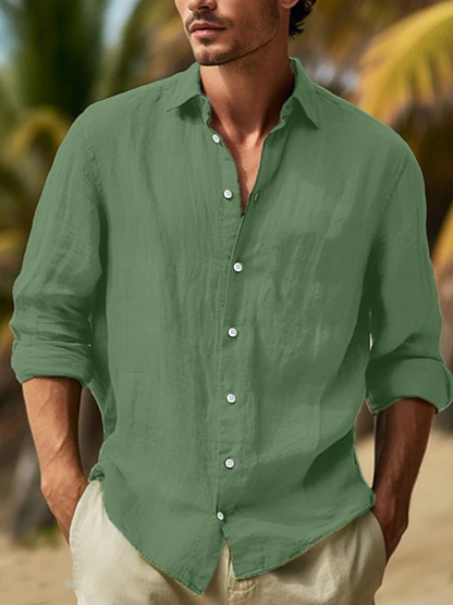 🌿【50% de descuento 🔥】Camisa de lino de manga larga para hombre, tallas grandes, diseño de color liso