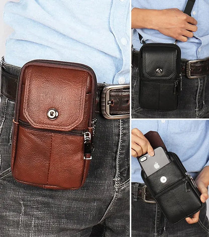 Riñonera/bolso para teléfono móvil de estilo retro para hombre, confeccionado en piel de vacuno de grano superior seleccionada, resistente al desgaste e impermeable.