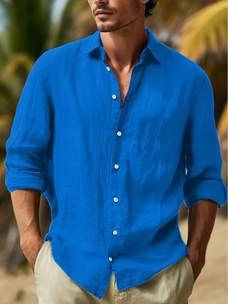 🌿【50% de descuento 🔥】Camisa de lino de manga larga para hombre, tallas grandes, diseño de color liso