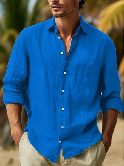 🌿【50% de descuento 🔥】Camisa de lino de manga larga para hombre, tallas grandes, diseño de color liso