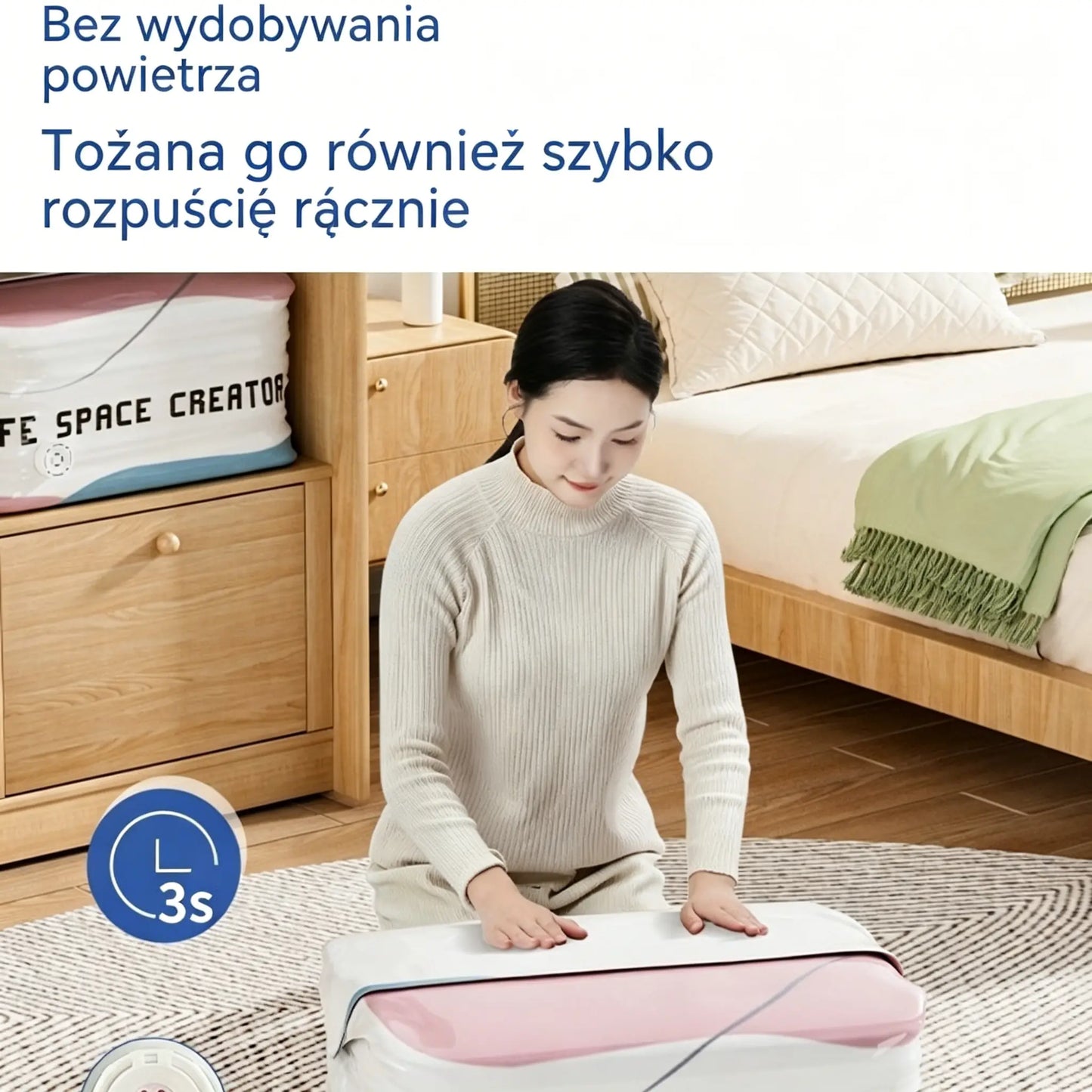 👕📦【Zestaw 5 sztuk!】Worki próżniowe do kompresji ubrań, nie wymagają pompki | Dwuwarstwowy pasek uszczelniający o pogrubionej konstrukcji zapobiegający pękaniu i przeciekaniu.