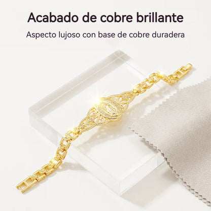 Pulsera de la Virgen María con flores caladas en oro