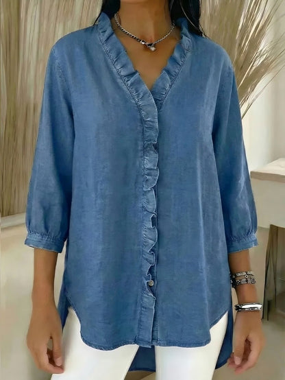 🔥 Pago contra reembolso ✅️【40-100kg】Camisa vaquera informal para mujer con cuello en V y volantes_4268762