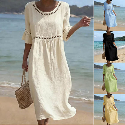 【Producto nuevo, 50% solo hoy!!】💎2026 Alta calidad💎【S-3XL】Vestido de mujer de algodón y lino, con mangas abullonadas, transpirable, suave y cómodo