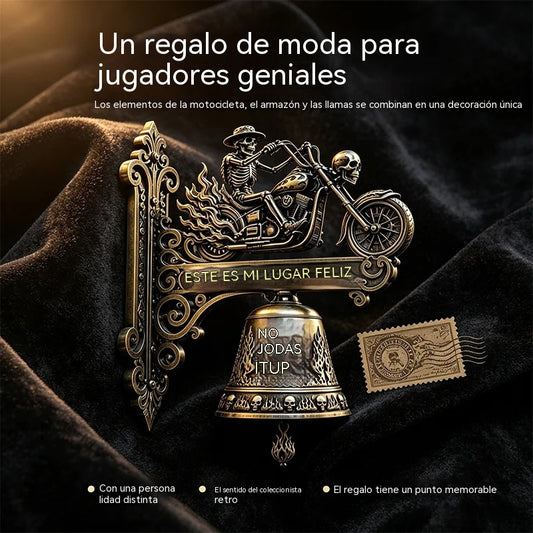 Campana decorativa de pared estilo gótico con caballero esqueleto y dragón; adorno de metal vintage para bar, hogar y jardín.