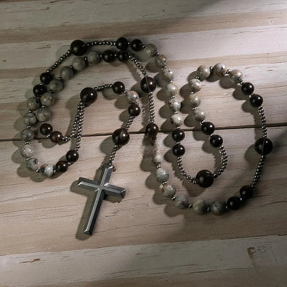 Collar rosario de obsidiana natural y yooperlita, cristal curativo de protección energética reactivo a luz UV