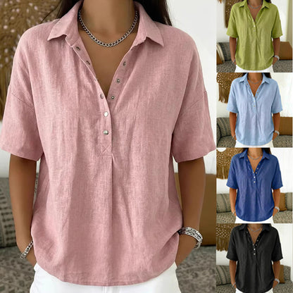 ⏳ Último día, -50%【S–3XL】Camisa mujer de algodón y lino manga corta, corte entallado, transpirable y cómoda, fácil de combinar