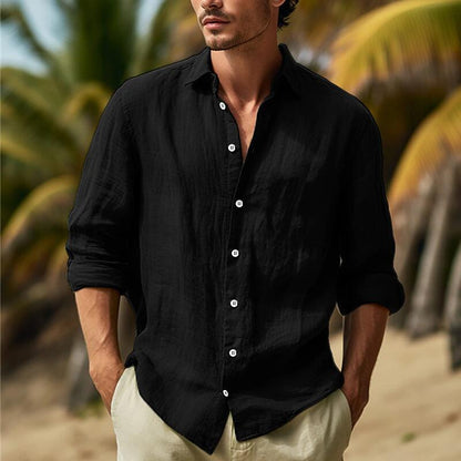 🌿【50% de descuento 🔥】Camisa de lino de manga larga para hombre, tallas grandes, diseño de color liso