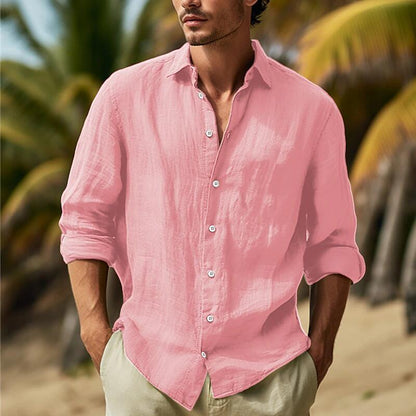 🌿【50% de descuento 🔥】Camisa de lino de manga larga para hombre, tallas grandes, diseño de color liso