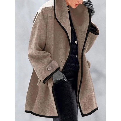 ⭐🤗Abrigo de lana liso con capucha para mujer: cuello grande, corte holgado, ribete en contraste