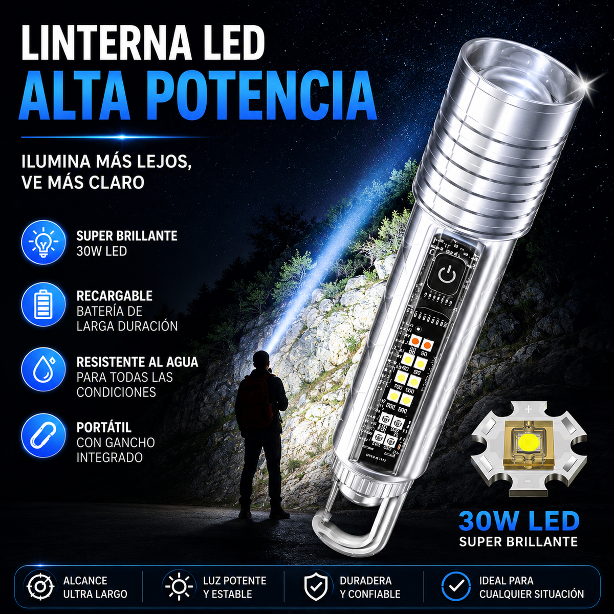 👍👍Linterna compacta de alta potencia con LED de múltiples fuentes, portátil y con una duración de batería ultralarga.