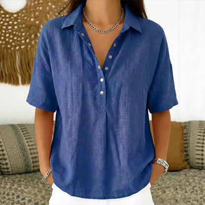 ⏳ Último día, -50%【S–3XL】Camisa mujer de algodón y lino manga corta, corte entallado, transpirable y cómoda, fácil de combinar