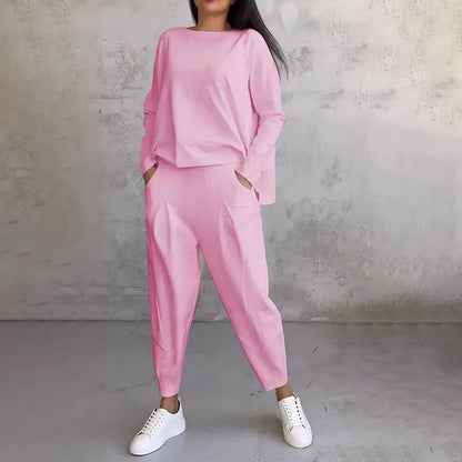 💖[Top + Kalhoty] Módní dvoudílná souprava, jednobarevné ležérní a trendy dámské oblečení, příjemná látka z čisté bavlny_3911988