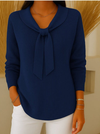 💐【S~5XL】Sweter damski w jednolitym kolorze z wiązaniem i długim rękawem, swobodny i luźny