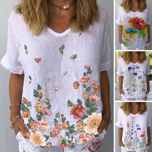 🌈【S-5XL】💐 Bavlněné a lněné tričko s krátkým rukávem s květinovým potiskem