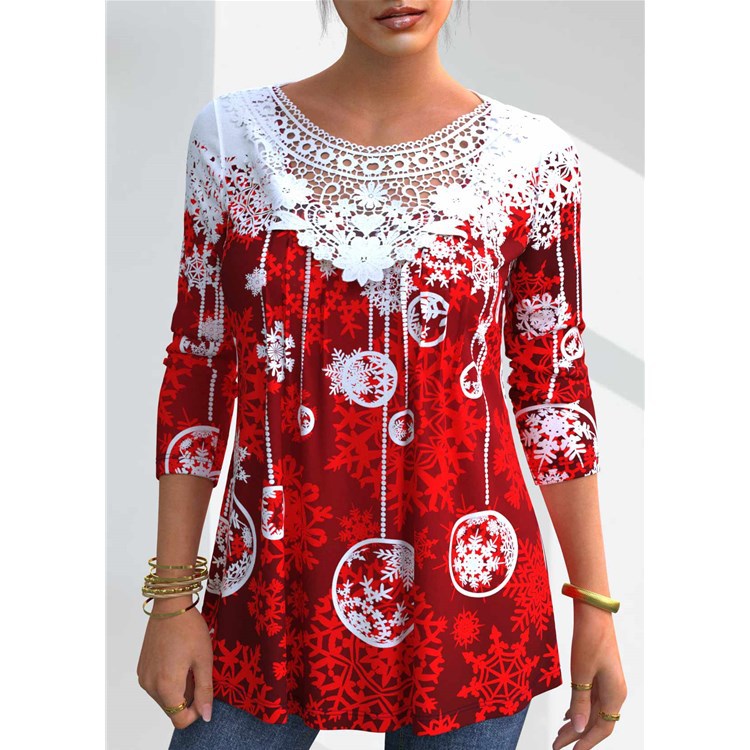 🎄【Specjalna cena】Koszulka z długim rękawem i koronką z nadrukiem świątecznym